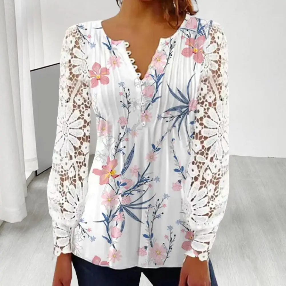 Ladies Summer Shirt V-neck Floral Print Button Blouse Lace Stitching Long Sleeve Lady Top Pullover Women Clothing Daily Wear