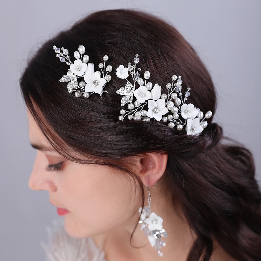 Flower Rhinestone Bridal Hairpins Earring Pearl Crystal Wedding Hair Accessories Women Head Jewelry Party Headpiece Tiaras