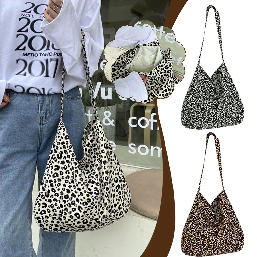 Bolsa mensageiro feminina com estampa leopardo, bolsa de ombro grande com 1 capacidade, lona casual versátil, moda coreana, V3R8