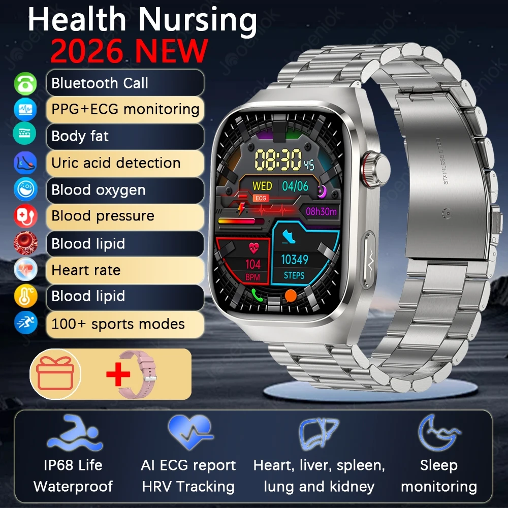 Novo Smartwatch de Saúde 2026 com ECG+PPG, Tela AMOLED HD, Chamada Bluetooth, Monitor de Esportes, Ácido Úrico, Lipídios Sanguíneos e Gordura Corporal para Homens e Mulheres 16