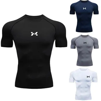 Maglietta a Compressione da Uomo, Abbigliamento Sportivo Estivo, T-shirt Elastica ad Asciugatura Rapida, Top Sportivo, Maglietta Atletica per Palestra e Allenamento