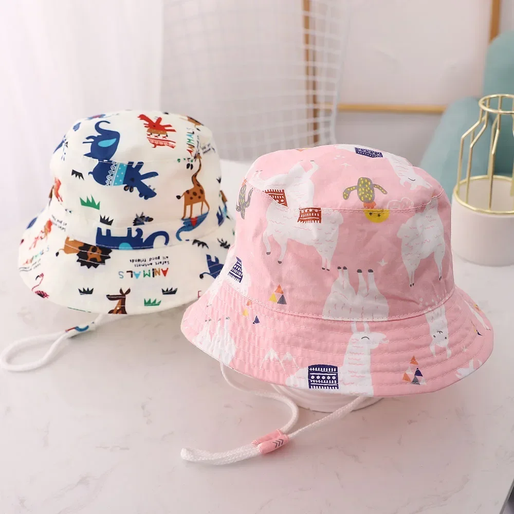 Spring Summer Cute Cartoon Thin Breathable Kids Bucket Hats Unisex Baby Sun Hats with Windproof Rope for Children Outdoor Caps