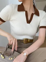 Women's T-shirt Polo Collar Short Sleeve Fashion Blouses 2025 Female Slim Knitted Tee White Skinny Casual Women Summer Tank Top