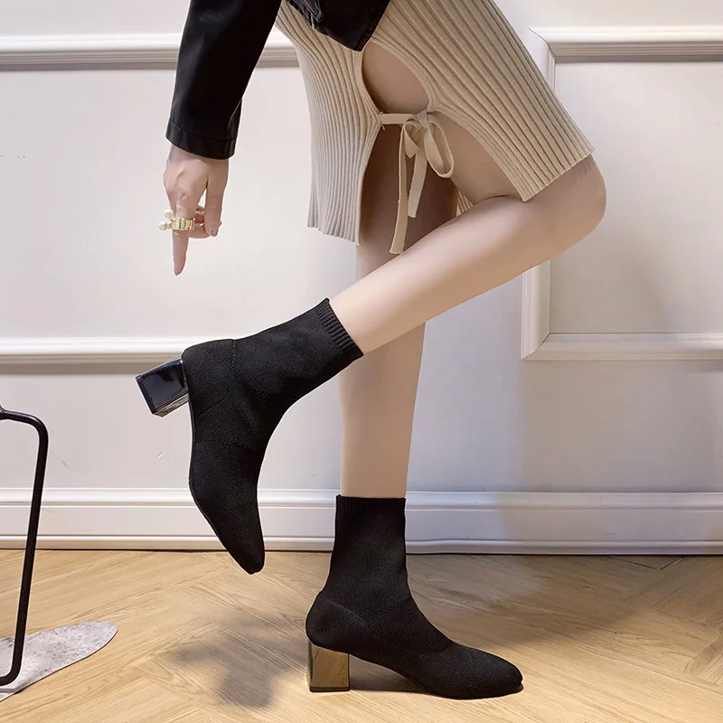2024 Autumn Winter Boots Women Versatile Mid-high Thick Heel Short Boots 35- 42 Square Head Knitting Elasticity High Heels