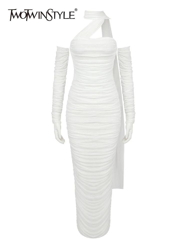 

TWOTWINSTYLE Minimalist Dresses For Women Halter Sleeevless High Waist Spliced Gloves Summer Dress Female Fashion Clothing New