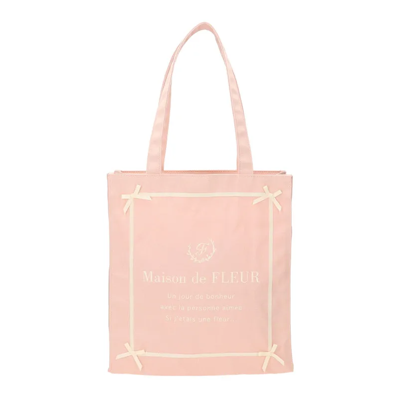 Japanese Style Ribbon Bow Canvas Bag Student Female Casual Large Capacity Shoulder Portable Tote Bag Lunch Box Bag Sweet Girl