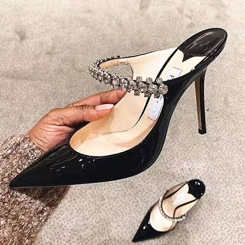 

Spring and summer new high-heeled shoes Muller shoes pointed rhinestone chain fashion banquet Baotou stiletto ladies sandals