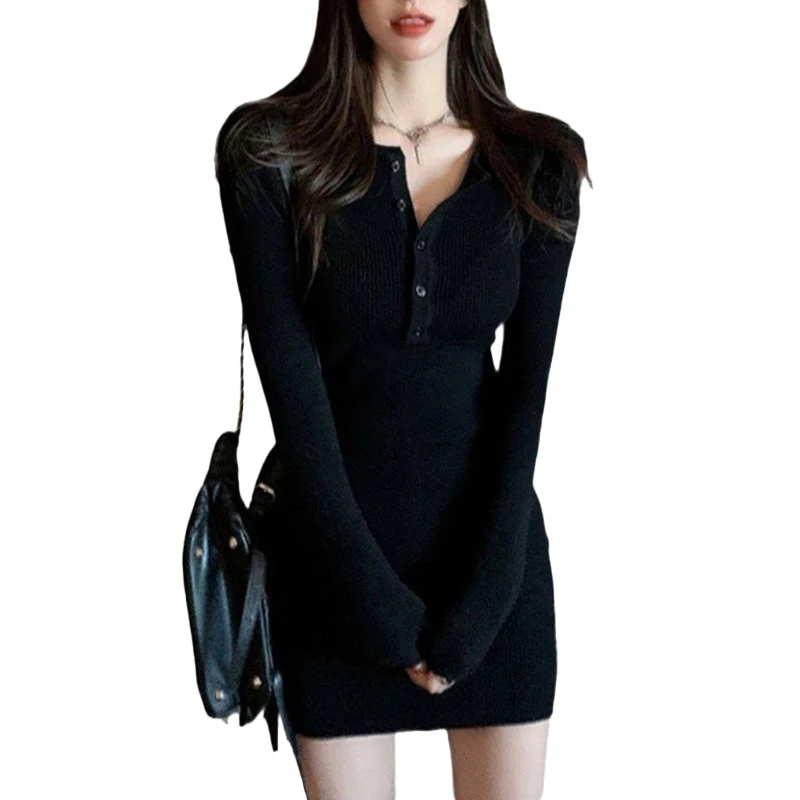 Women Dress y2k Clothes Solid Color Buttons Round Neck Long Sleeve Mini Bodycon Dress Evening Party Dresses Streetwear