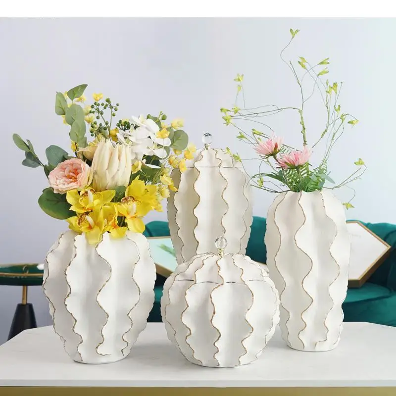

Ceramic Vase Phnom Penh Wave with Cover Crystal Desktop Storage Tank Modern Home Decoration Flower Vase Flower Arrangement