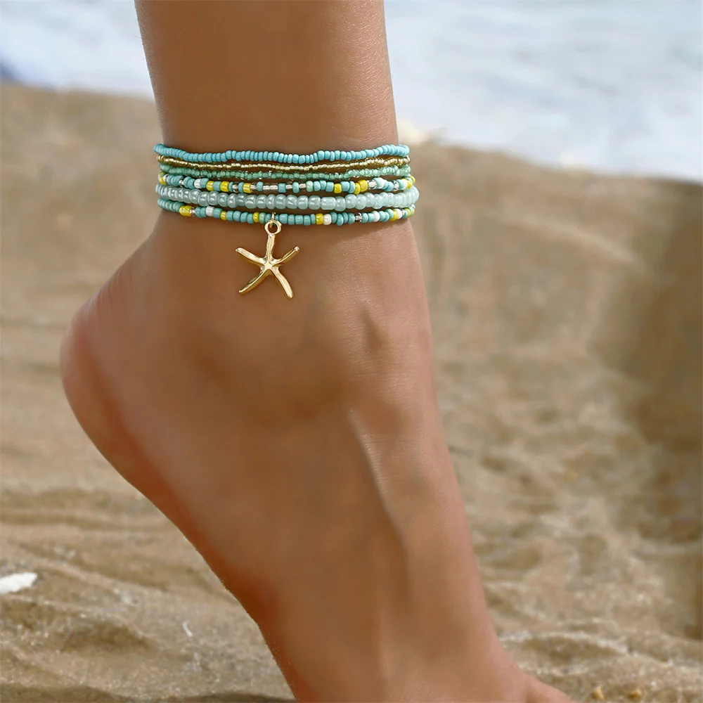 Rainbow Glass Beads Big Starfish Pendant Anklets For Women Gold Color Foot Chain Beach Jewelry Ankle Bracelet Summer Accessories