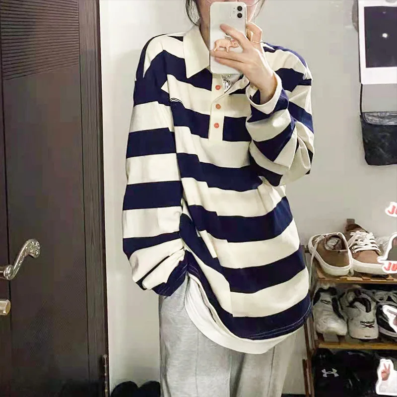 

Spring Hoodies Striped Turn-down Collar Women Harajuku Pullovers Korean Fashion Couples Oversized Sweatshirt Long Sleeve Tops