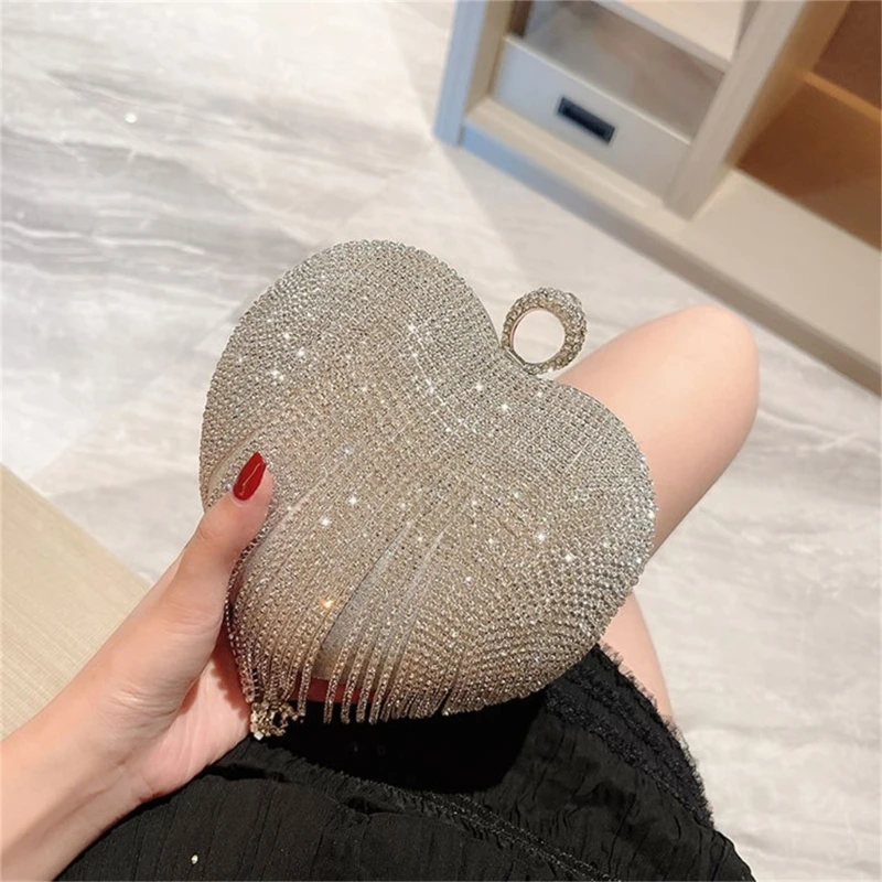 Buy Black Sheeny Heart Shape Tassel Clutch Bag for Women with