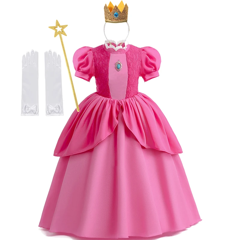 Peach Princess Cosplay Dress Girl Movie Role Playing Costume Birthday Party Stage Performace Outfits Kids Carnival Fancy Clothes