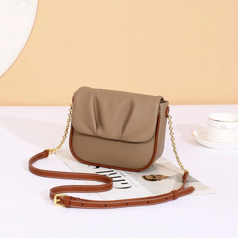 

100% Real Genuine Leather Shoulder Messenger Bags Women Mini Chain Crossbody Bag Lady Luxury Designer Fashion Pleated Saddle Bag