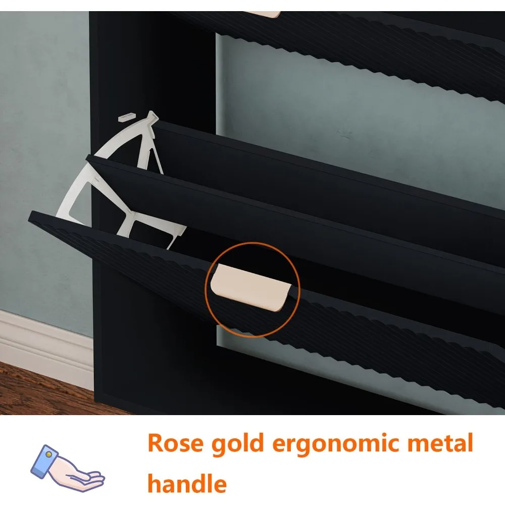 Modern Shoe Cabinet with 2 Flip Drawers, Freestanding Entryway Organizer, Black Narrow Shoe Rack Storage