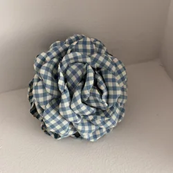 Korean Fashion Plaid Fabric Flower Hair Claw Clips for Women and Girls - Stylish Summer Hair Accessories (Blue)