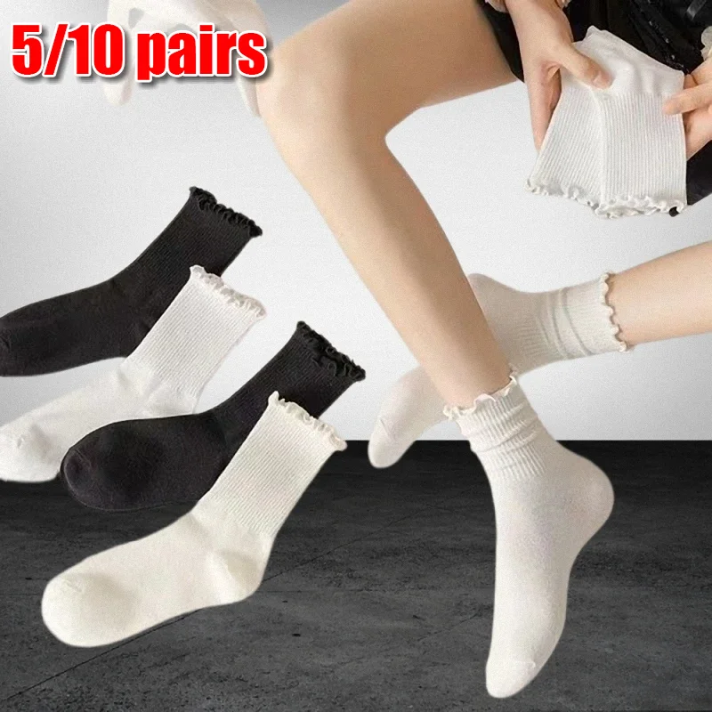 

5/10 Pairs Women Ruffle Frilly Cotton Socks Black White Novelty Funny Ankle Socks Cute Solid Cotton Breathable Fashion Crew Sock