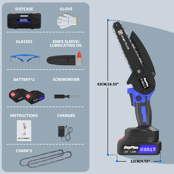 Cordless Chainsaw 6 Inch, Battery Powered Mini Chainsaw, Portable Handheld Chainsaw for Gardening Pruning, 2 Batteries