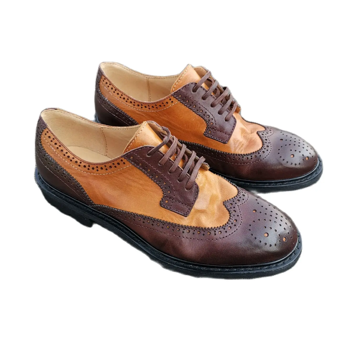 

Bullock women's shoes 2023 hand-washed horse leather hand-retro wind-carved leather shoes thick-soled lace-up single shoe