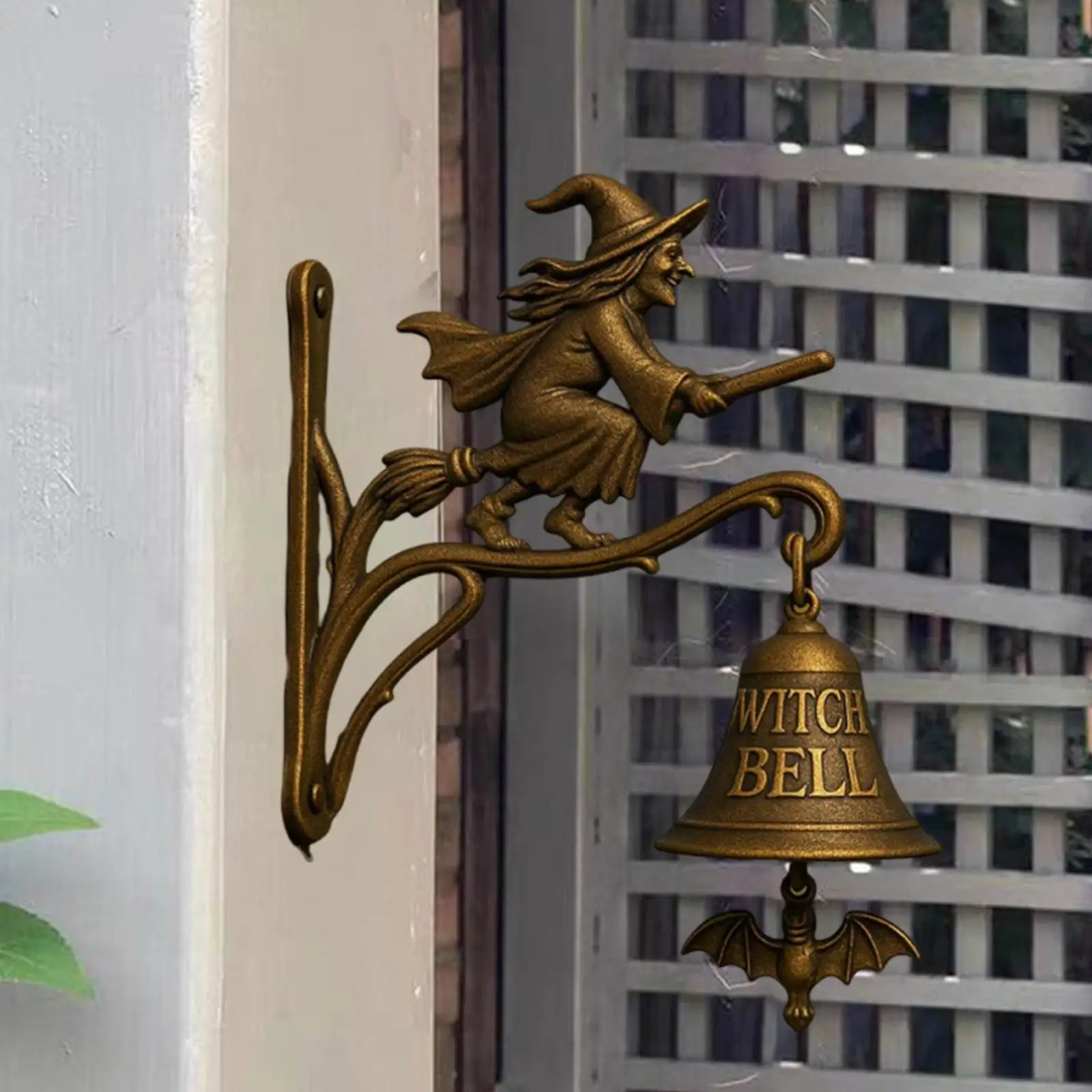 도어 벨 할로윈 마녀 빗자루 타고 골동품 스타일 장식 초인종 상점 주인 정문 농가 외부 벽 마당