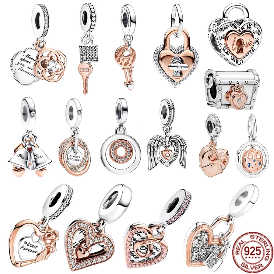 

925 Sterling Silver Sparkling Freehand Heart & Heart Padlock Double Dangle Charm Bead Jewelry Gift Fit Original Pandora Bracelet