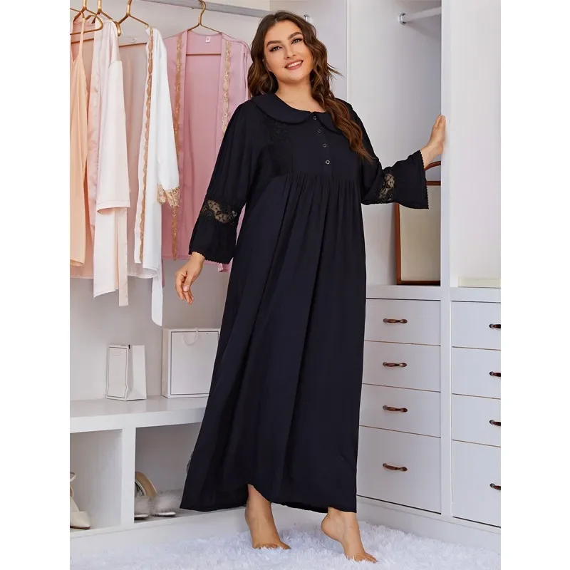 

Plus Size Women's Nightwear Cute Peter Pan Collar Nightgown Patchwork Lace Sleepwear Autumn Winter Loose Home Dress Nightdress