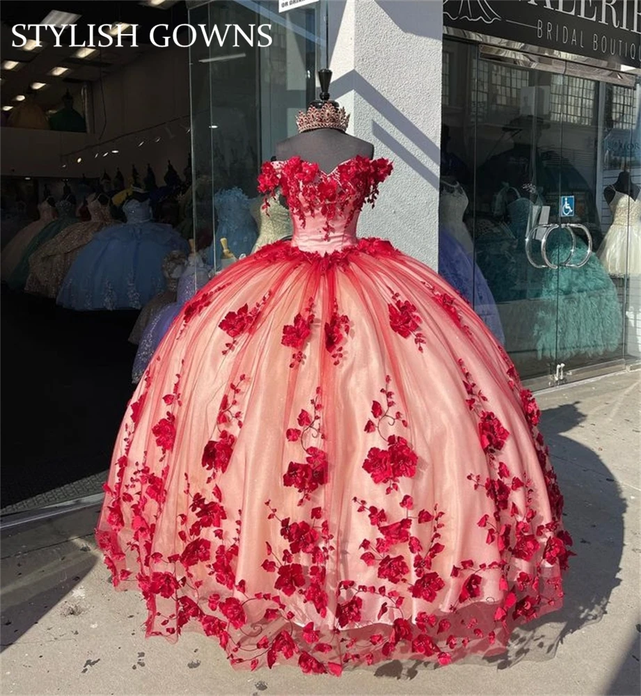 

Красное бальное платье с открытыми плечами, бальное платье для девушек, украшенное бисером, с 3D цветами, платья на день рождения, выпускные платья, кружевной жилет на спине