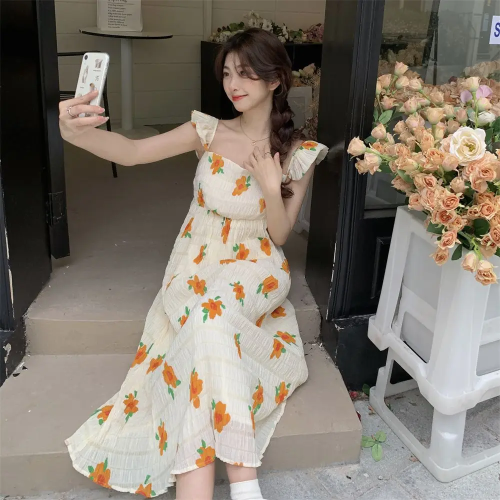 Korean Chic Summer French Square Neck  Shoulder Strap Wrapped Waist Print Sling Dress Women