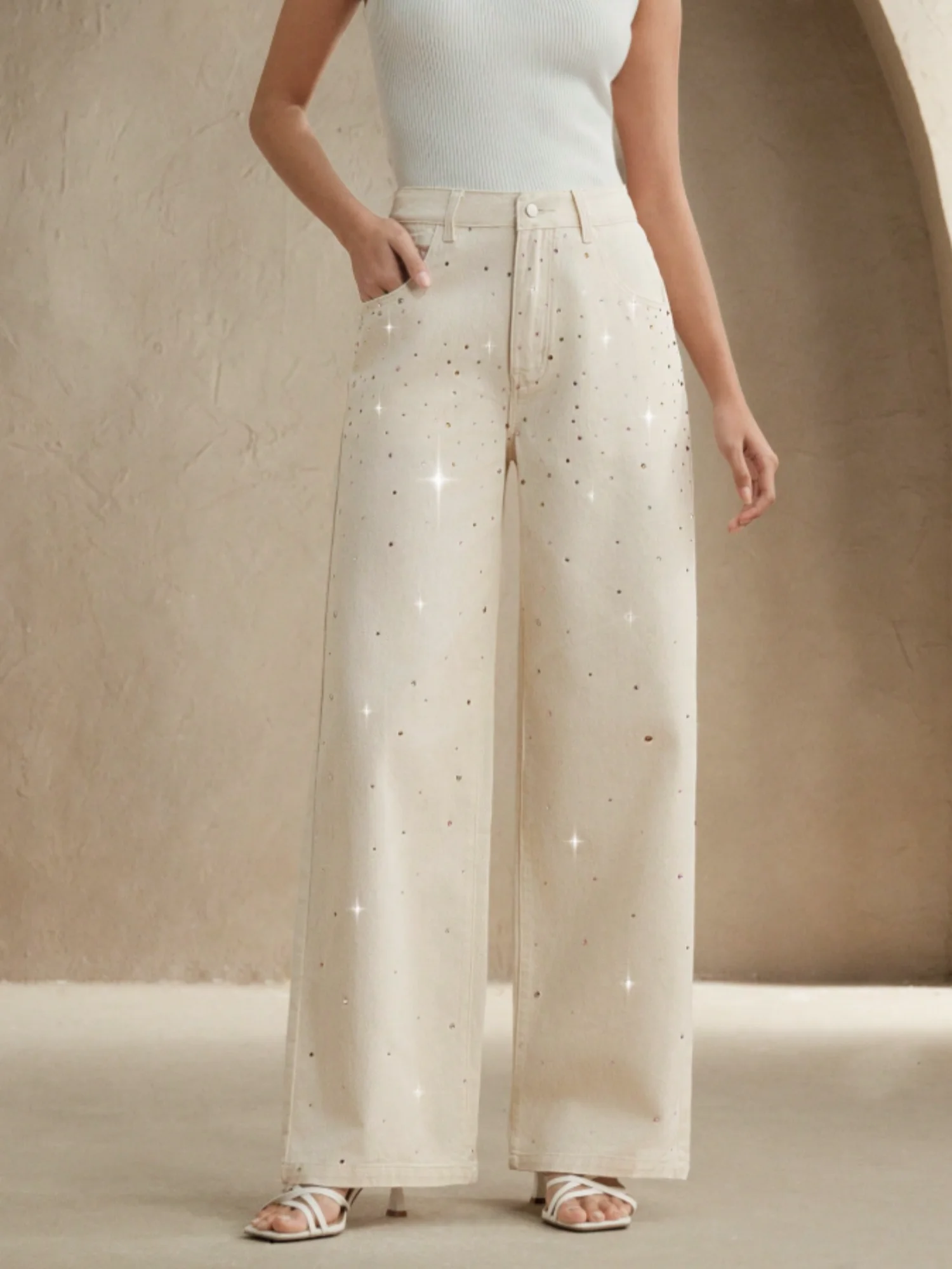 2025 autumn new style white women's wide-leg jeans with colorful diamond design loose fit slimming effect and good draping qua 3