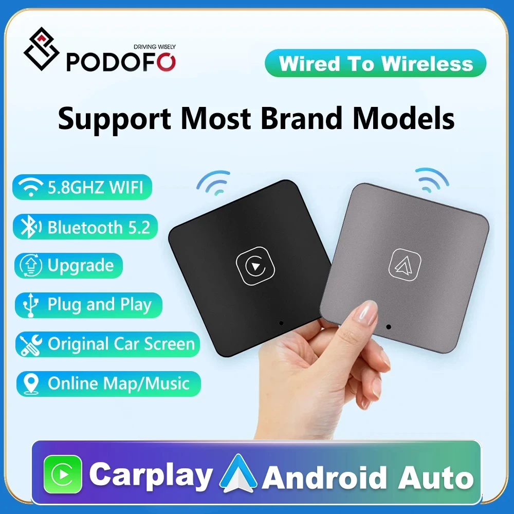 Podofo Wired to Wireless Carplay Ai Box for Universal Toyota Mazda Nissan Camry Suzuki Subaru Audi Mercedes Kia Ford Opel