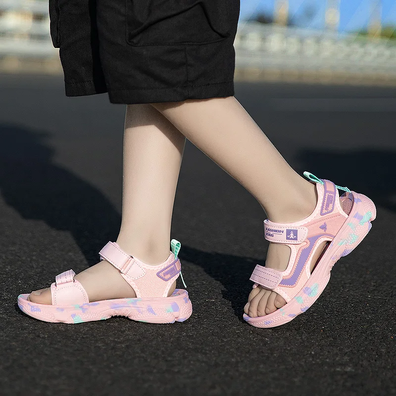 Girls' Sandals 2024 New Summer Boys Soft Soled Students Medium and Large Children Casual Double Row Velcro Beach Shoes - 3