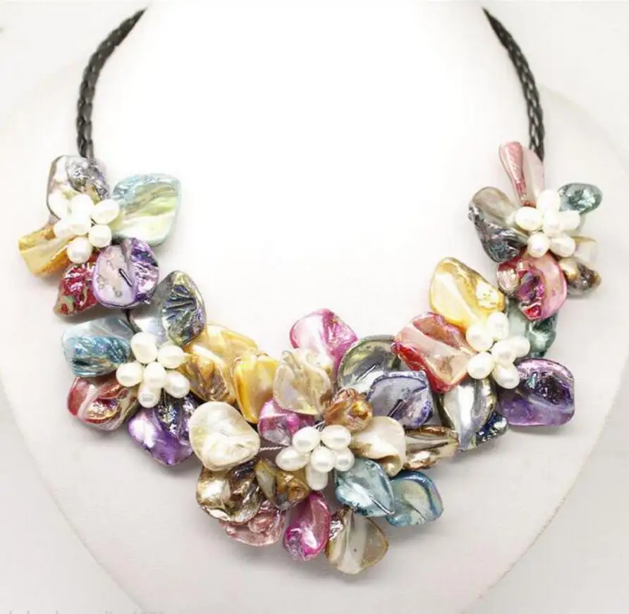 Jewelry   Stunning Multicolor Freshwater Pearl Sea Shell Flower Leather Necklace 18