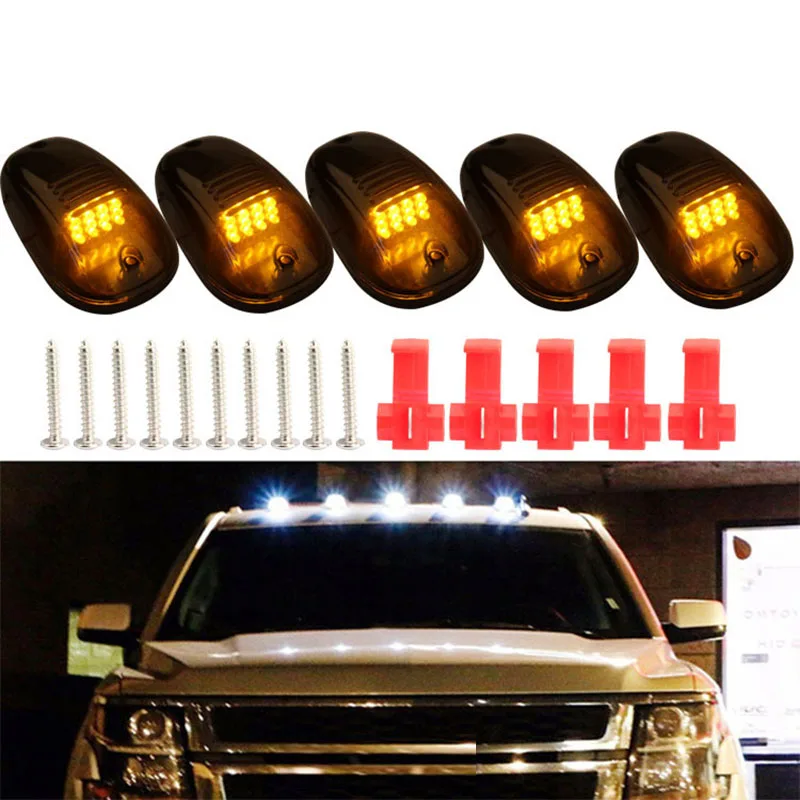 

5pcs 12V- 24V Amber 12LED Cab Roof Top Marker Running Lights Smoked Lens For-Ford SUV Truck Cab Roof Lights