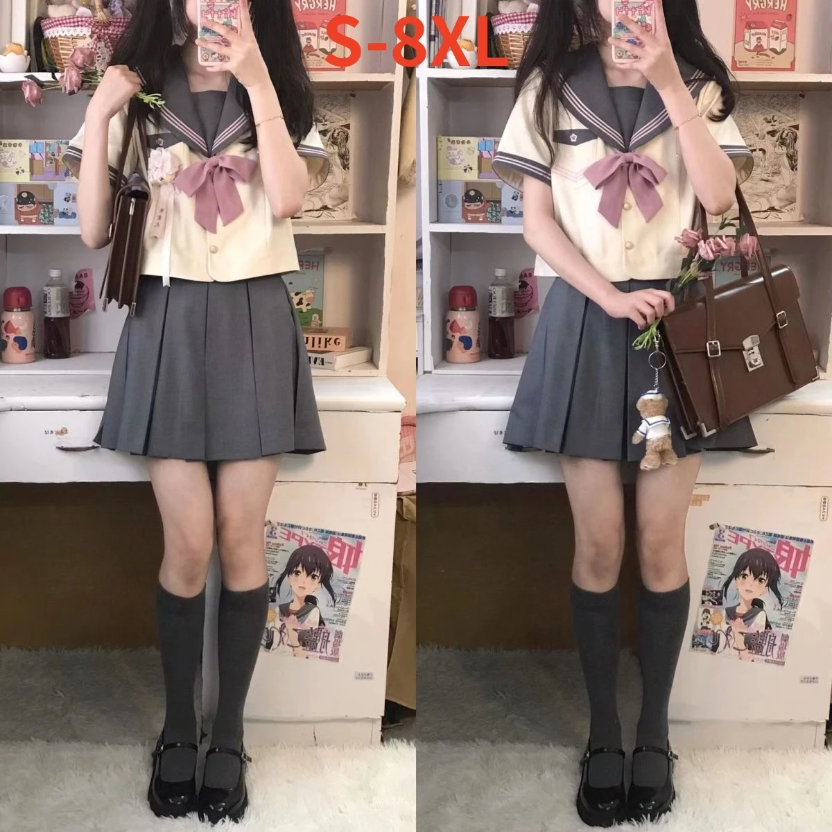 S-8xl 플러스 사이즈 일본 학교 유니폼 Jk 유니폼 보우 플리츠 스커트 정장 학생 선원 복장 여성 반팔 정장