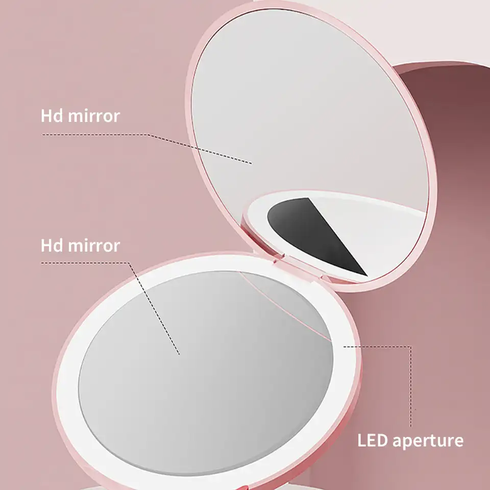 여성용 맞춤형 소형 LED 조명 화장품, 2 면 접이식 메이크업 컴팩트 포켓 미러, 발광 효과 핑크 화이트 미니 미러