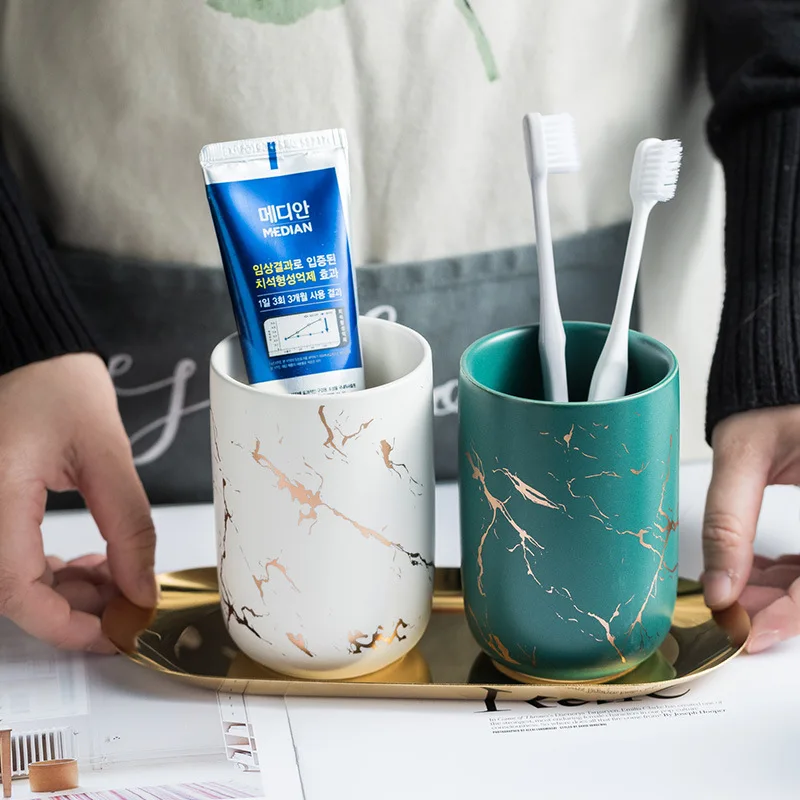 Toothbrush Holder Creative Marbled Gold Plated Mouthwash Cup Couple Toothbrush Holder Bathroom Accessories Ceramic Mouthwash Cup Home Decoration