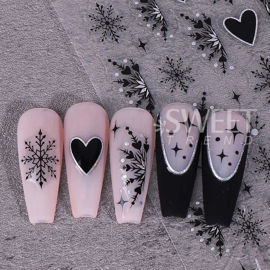 2pcs Black White Snowflake Nail Stickers 3D Love Heart French Star Design Nail Slider Decals DIY Christmas Manicure Decoration