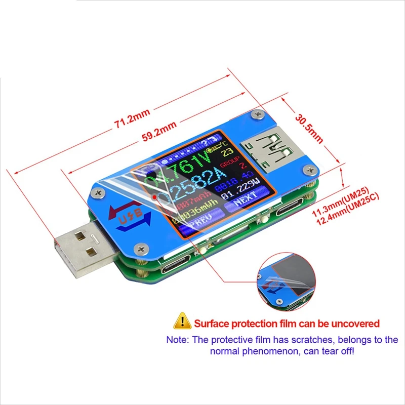 앱용 USB 2.0 C타입 LCD 전압계 전류계 전압 전류 계량기 배터리 충전 측정 케이블 저항 테스터