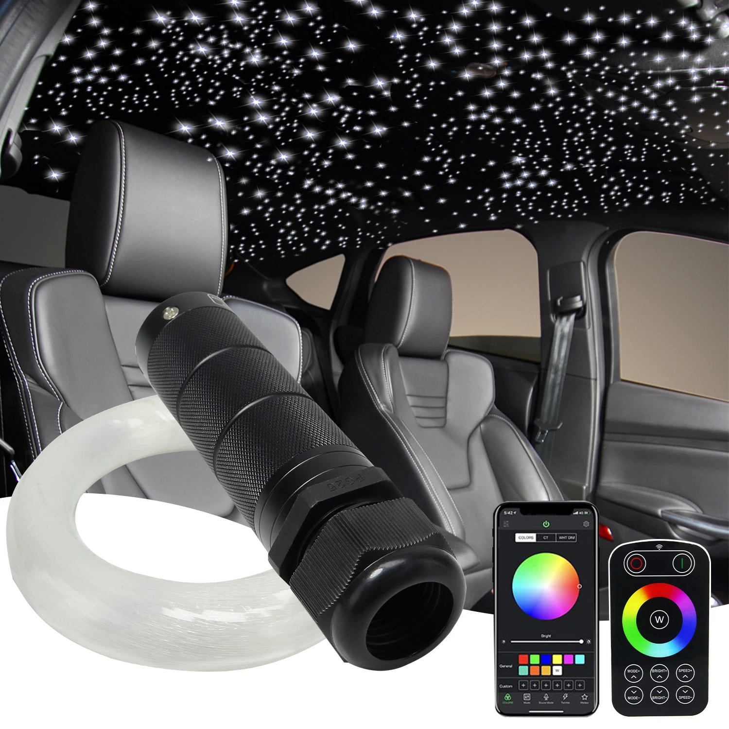 DC12V Car Roof Star Light 6W RGB Fiber Optic Star Ceiling Kit Bluetooth app Fiber Optic Light for Optical Fiber Starry sky