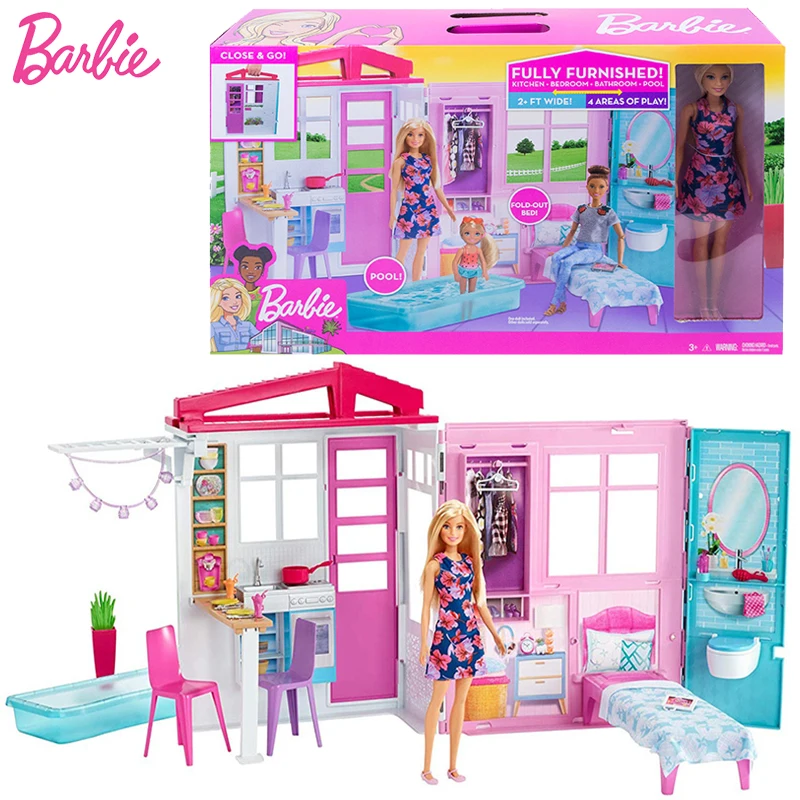 Original Barbie Doll Shining Holiday Doll House Playsets Family Furniture Doll Accessories Kids Toys for Girls Birthday Gift Box