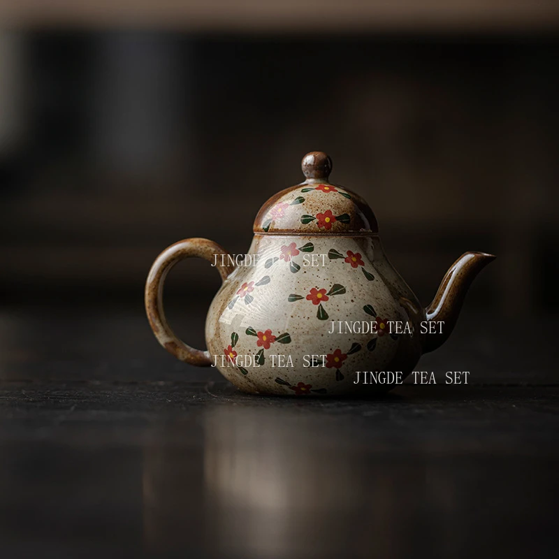 1pcs  Ceramic Teapot Kung Fu Tea Set Japanese Retro Flower Pattern Semi Handmade Underglaze Color tea infuser