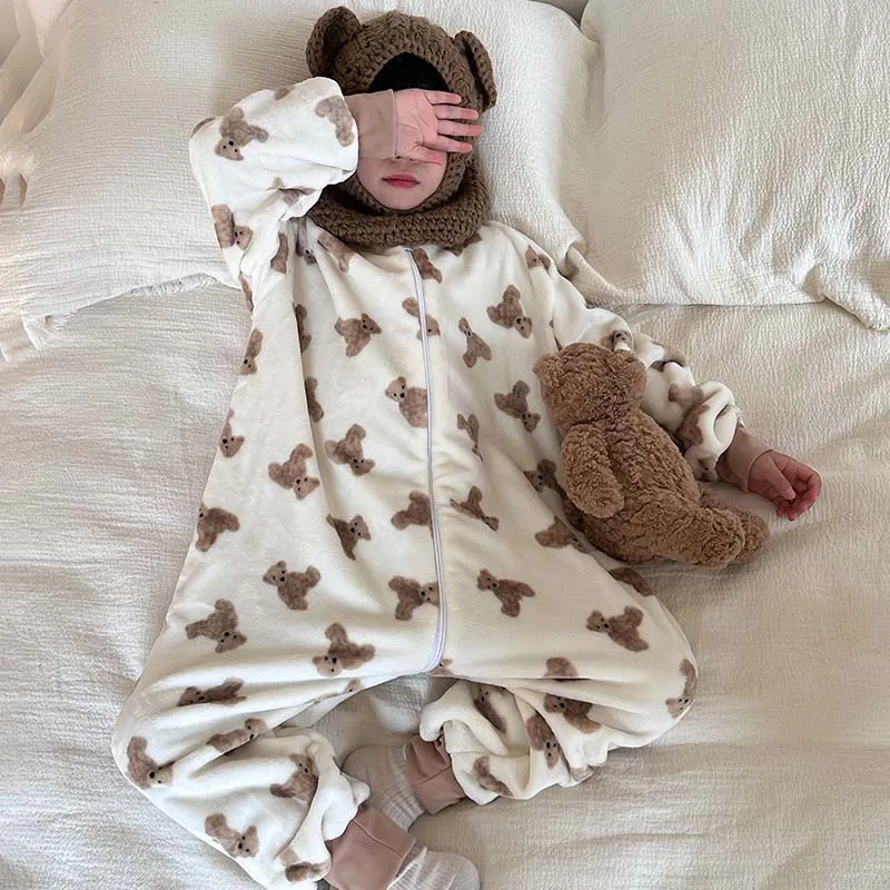 Winter Kids Onesie Pajamas Bear Panda Pattern Children Boys Girl Jumpsuit Anti Kick Split Legs Loungewear Home Thermal Sleepwear
