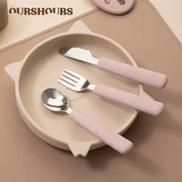 Silicone Handle Baby Stainless Steel Spoon Fork Knife Training Dinnerware Sets Toddler Safe Tableware Kids Easy Feeding Tools 1