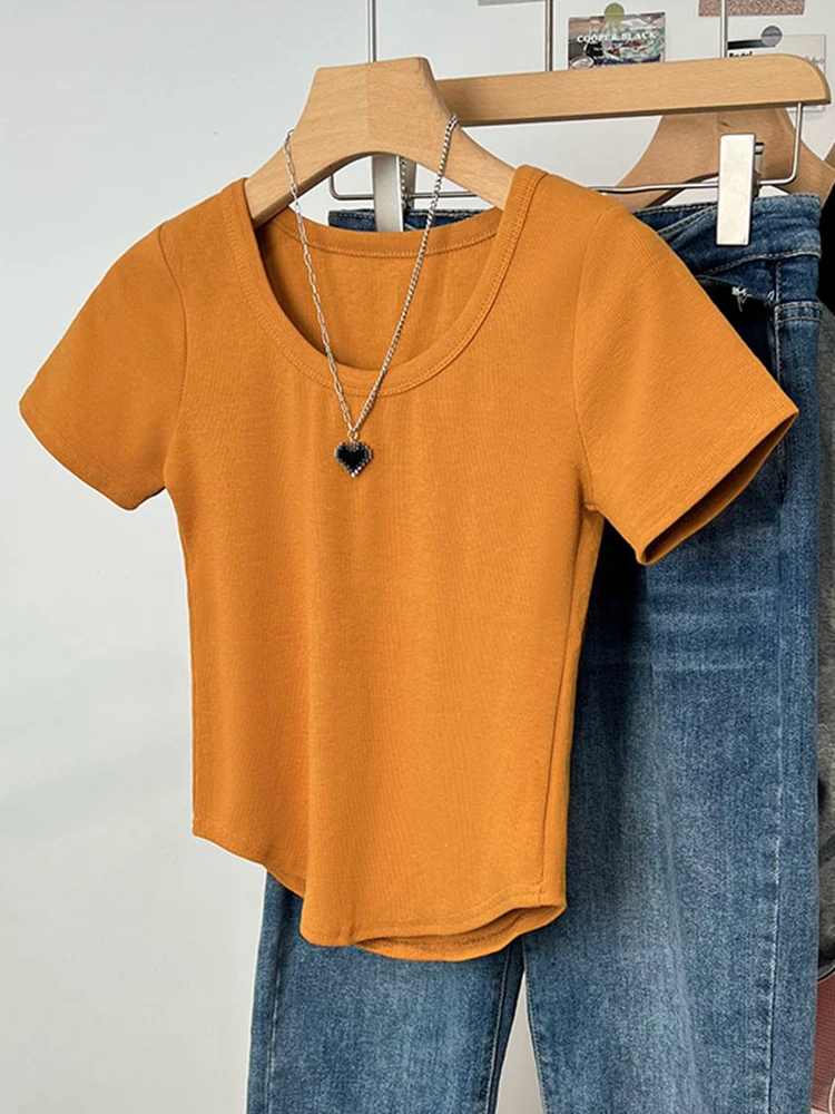 

Хлопковая летняя футболка с U-образным вырезом, короткий облегающий женский топ