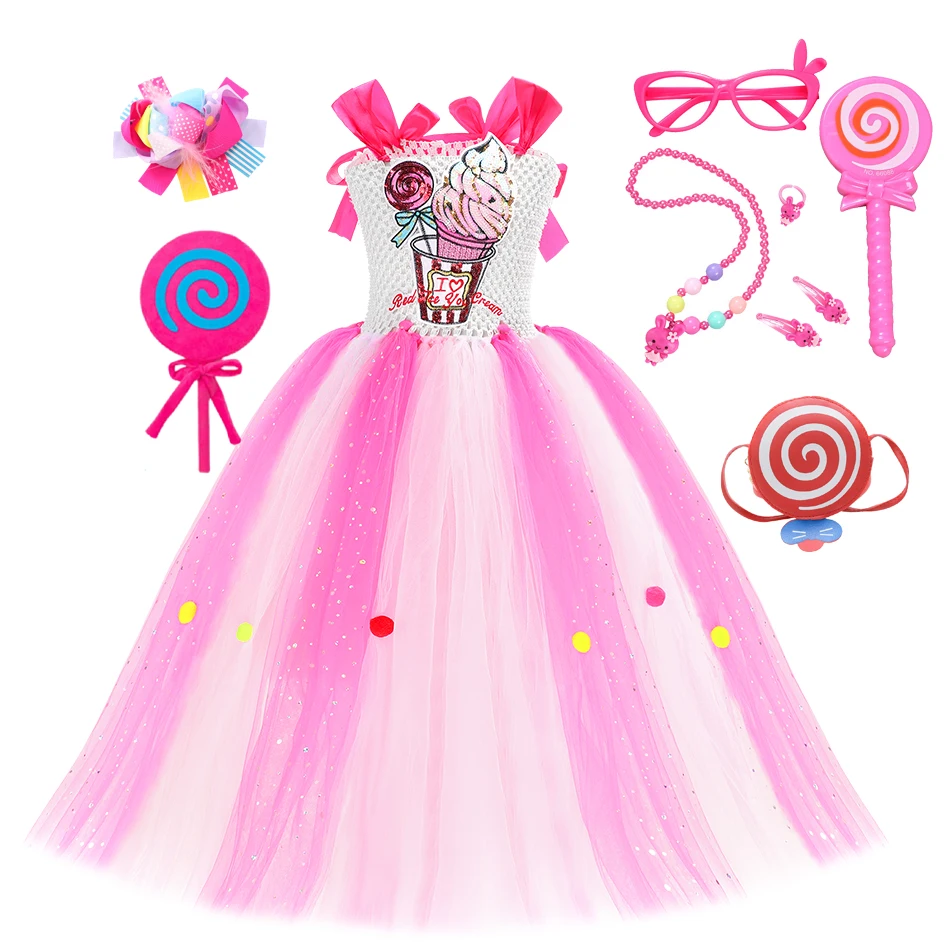 

Sweet Girls Princess Long Dress Rainbow Candy Costume For Kids Tutu Dress Ice Cream Lollipop Clothes For Carnival Birthday Party