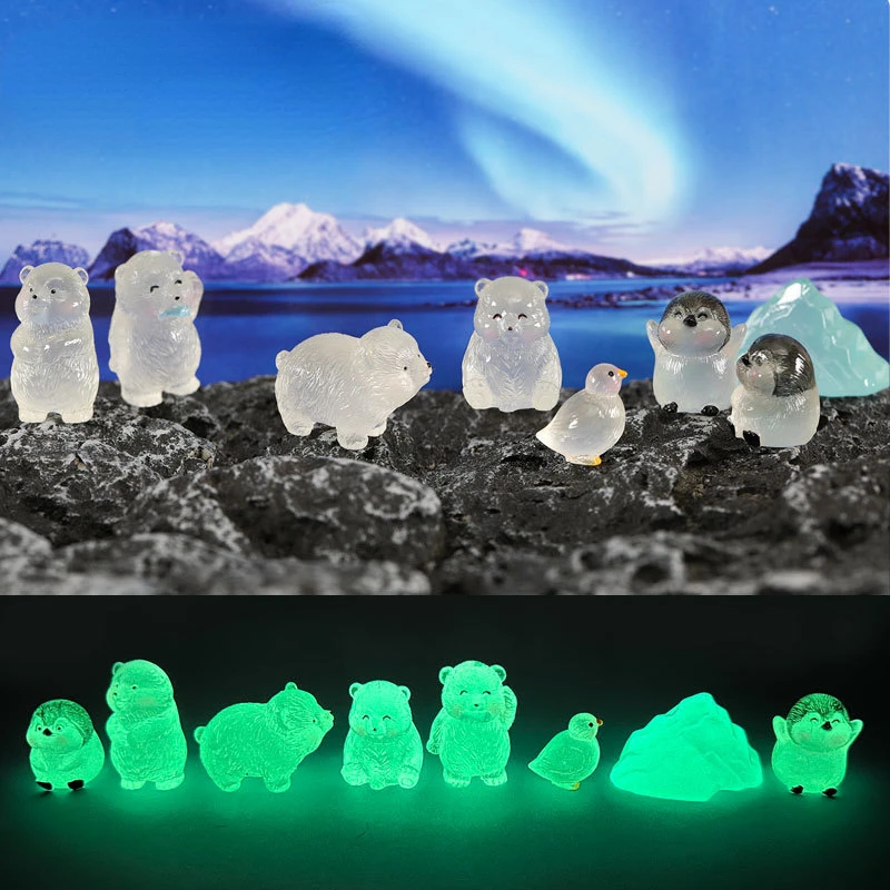 8Pcs Miniature Luminose Dell'Orso Polare Glow In The Dark Mini Seagull Glacier Figurine Simpatici Vasi Da Fiori Da Giardino Micro Paesaggi