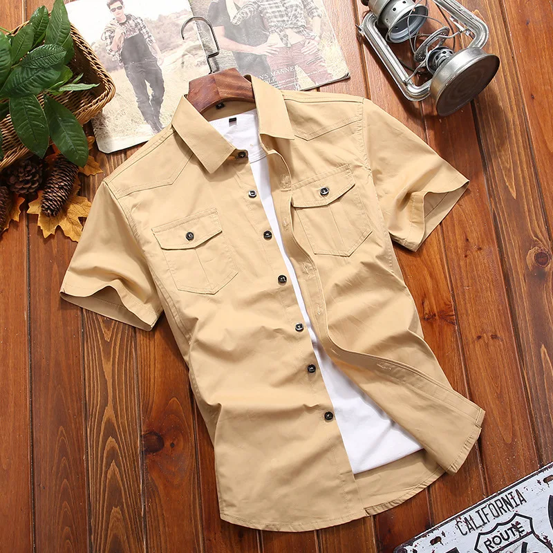 

Military Shirt Men's Shirts Casual Style Fashion Clothing Cotton Short Sleeve Retro Vintage Solid Khaki Simplicity Drop Shipping