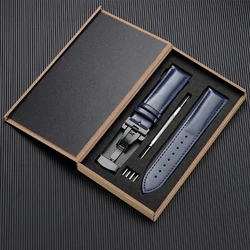 Luxury Genuine Leather Watchband - Men's and Women's Business Wristwatch Strap with Gift Box - 22mm (Blue - Black)
