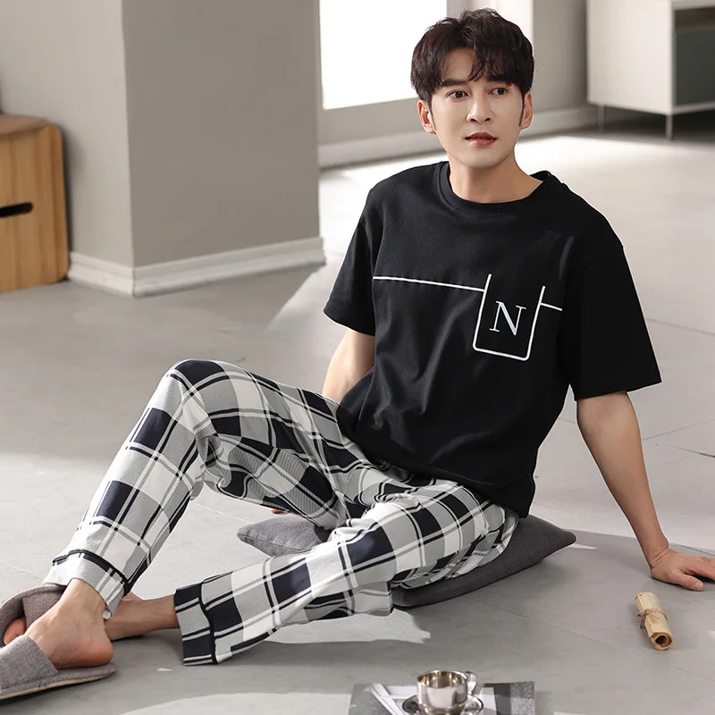 Men's Pajamas Set Combed Cotton Pyjamas Cartoon Pijamas Short-sleeve Pants Suit Loungewear Nightwear Sleepwear Homewear for Man