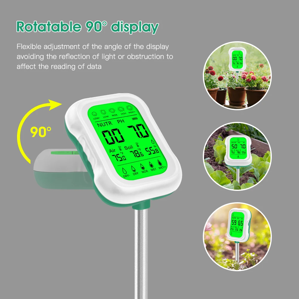 Soil Meter Digital pH Moisture Fertility Light Temp Humidity Analyzer for Garden